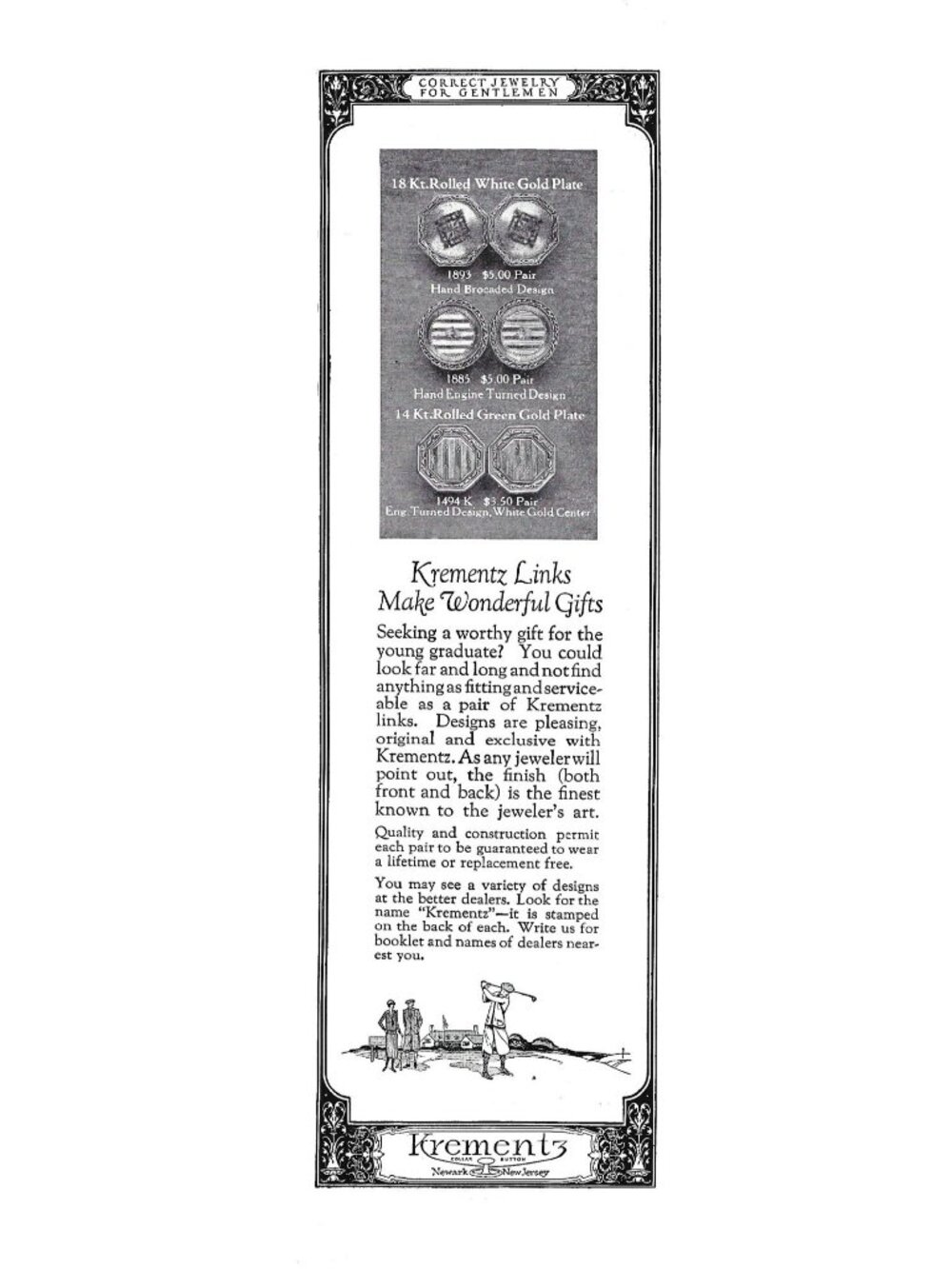Print Ad Krementz Mens Jewelry Cufflinks ADVERTISEMENT Vintage 1920s